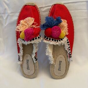 Soludos Red Pom-Pom Espadrille Mules with Multicolor Accents